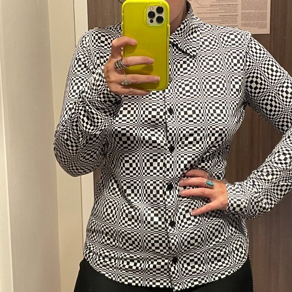 Y2K 00s Moda International Checkered Psychedelic Op Art Button Down Shirt M - Picture 11 of 11